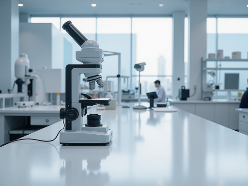 科研人员正在显微镜前观察二维材料样品，现代化实验室环境，专业设备背景